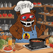 a cartoon of a monster wearing a chef 's hat and apron preparing food