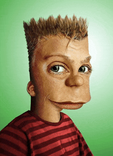 a close up of a cartoon character 's face with a striped shirt