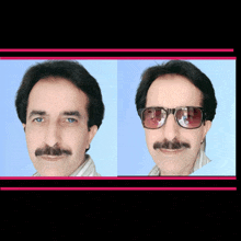 two pictures of a man with a mustache and glasses