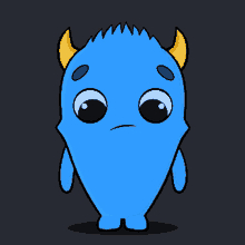 a blue monster with yellow horns looks sad