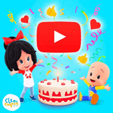 a birthday cake with a candle and a youtube icon