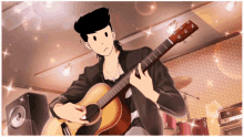 a man in a black jacket is playing an acoustic guitar in a room