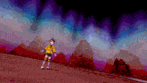 a cartoon character in a yellow shirt is standing in front of mountains