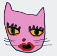 a drawing of a pink cat 's face with yellow eyes and red lips .