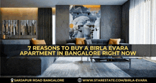 a living room with the words 7 reasons to buy a birla evara apartment in bangalore right now on the bottom