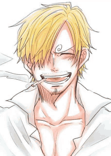 sanji from one piece is smoking a cigarette and smiling .