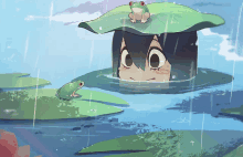 a frog sits on a leaf over a girl 's head in the water