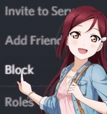 a girl in a denim jacket is pointing at a screen that says invite to serve add friend block and roles .