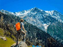 a man with an orange backpack stands on a rock overlooking a mountain