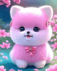 a pink and white stuffed animal with a pink bow on its neck