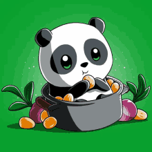 a panda bear is sitting in a pot full of carrots and onions