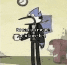 a cartoon character is standing in front of a clock and holding a cup .