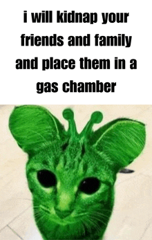 a picture of a green cat with the words " i will kidnap your friends and family and place them in a gas chamber " below it