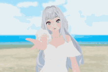 a girl with white hair and purple eyes holds a sea shell in her hand