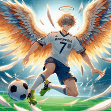 a soccer player with angel wings is wearing a jersey that says museumbola