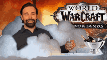 a man in a bathtub with a glass of wine in front of a world of warcraft advertisement