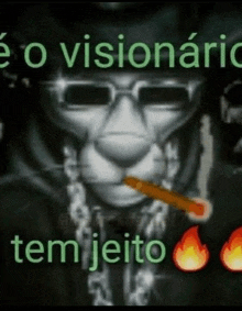 a man wearing a mask and glasses is smoking a cigarette and says tem jeito .