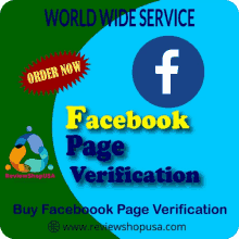 a facebook page verification service is advertised on a blue and green background