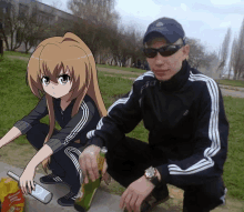 a man squatting next to a girl with a bottle