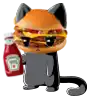 a cat with a hamburger on its face is holding a ketchup bottle .