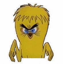 a cartoon chicken with a very angry look on its face and arms .