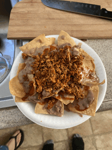 a white plate topped with nachos with meat and beans