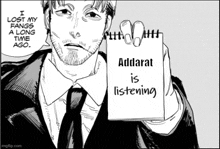 a man in a suit and tie is holding a notepad that says ' addorat is listening '