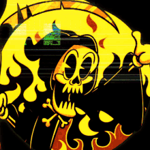 a cartoon drawing of a skull and crossbones with flames around him