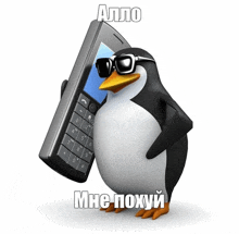 a penguin wearing sunglasses is holding a cell phone with a caption in another language