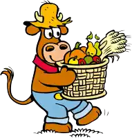 a cartoon cow wearing a straw hat is carrying a basket of fruit and vegetables