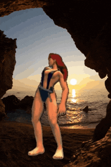 a woman in a swimsuit is standing in a cave near the ocean