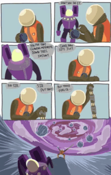 a comic strip shows a man in a space suit talking to a purple robot