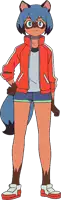 a cartoon character is standing with her hands on her hips wearing shorts and a red jacket .