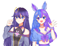 two anime girls with purple and blue hair are waving at the camera