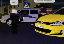 a pixel art of a man holding a gun next to a yellow car with a license plate that says c. jutter