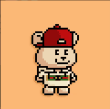 a pixel art bear wearing a red hat and a gucci shirt