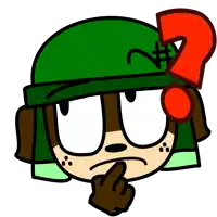 a cartoon character with a green hat and a red question mark