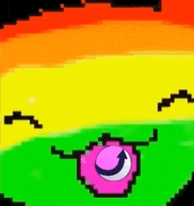 a pixel art drawing of a rainbow colored landscape with a pink eye and a crescent moon .