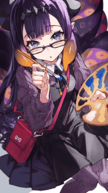 a girl with glasses is holding a palette and a pencil