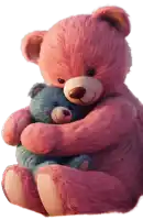 a pink teddy bear holds a blue teddy bear