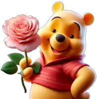 winnie the pooh holding a pink rose in his hand