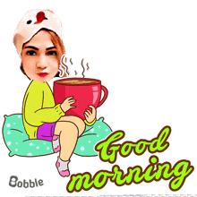 a cartoon of a woman sitting on a pillow holding a cup of coffee with the words " good morning " below her