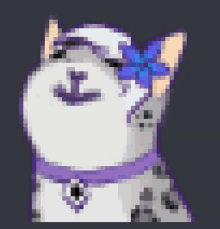 a pixel art drawing of a cat with a purple collar