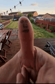 a person 's thumb has a face drawn on it in front of a backyard