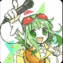 a cartoon girl with green hair is holding a microphone