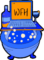 a cartoon drawing of a bathtub with bubbles and a laptop with the word wfh on the screen