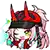 a pixel art drawing of a girl with pink hair wearing a red hat with horns .