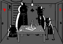 a black and white drawing of people playing a game with an exit sign in the background