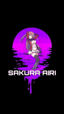 a girl with long hair is standing in front of a purple circle with the name sakura airi written on it .