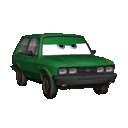 a green car with black wheels and a white face is a cartoon character from cars .